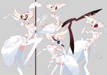 anthro cigarette clothed clothing dancing dress electronics femboy freckles fur legwear male microphone multi_arm multi_limb pole pole_dancing simple_background singing smile solo stockings teeth white_body white_fur voidseeker hazbin_hotel hellaverse angel_dust arachnid arthropod demon humanoid spider hi_res