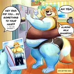 anthro appliance belly belly_overhang big_belly biped black_nose clothed clothing container cup detailed_background dialogue fridge fur hair holding_photo inside kitchen_appliance male mug multicolored_body multicolored_fur muscular obese obese_anthro obese_male open_mouth overweight overweight_anthro overweight_male photo smile solo speech_bubble standing text thick_thighs unnatural_colors weight_gain wwwonderpuff bluey_(series) radley_heeler australian_cattle_dog canid canine canis cattledog domestic_dog herding_dog mammal pastoral_dog 1:1 2023 english_text hi_res shaded