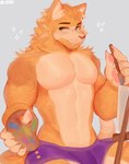 anthro bulge easel male muscular muscular_male paint paint_palette pecs short smile solo dionelart domestic_cat felid feline felis mammal hi_res