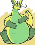 3_toes anthro dialogue feet green_body green_scales hindpaw long_ears long_neck male obese obese_anthro obese_male overweight overweight_anthro overweight_male paws scales simple_background soles solo tail text toes odendo mythology eric_the_dragon dragon mythological_creature mythological_scalie scalie 2013 english_text