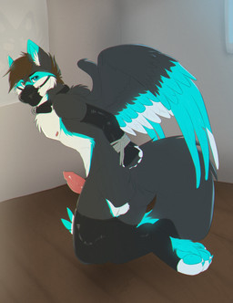 animal_genitalia anthro bdsm belt biped bondage bound butt clothing collar erection feathered_wings feathers gag gagged genitals gloves handwear heterochromia kneeling knot latex legwear male muscular muscular_anthro muscular_male muzzle_(object) muzzled neon penis rope solo stockings submissive submissive_male wings post-mortem animosus5 canid canine fox kestral mammal hi_res