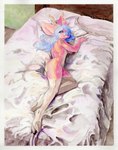 anthro antlers arm_tattoo bed big_ears blue_hair blue_nose butt female furniture grey_eyes hair hooves horn long_hair long_legs lying nipples nude pillow pink_body slim solo tattoo white_body conditional_dnp octavetothink baylie_(octavetothink) deer mammal 2024 absurd_res gouache_(artwork) hi_res painting_(artwork) traditional_media_(artwork) watercolor_(artwork) male_(lore)