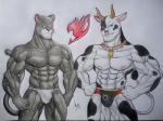 abs anthro biceps black_body black_fur bottomwear bulge clothed clothing duo fur horn loincloth male muscular nipples pecs piercing speedo spots swimwear topless underwear vein white_body white_fur nekosuke fairy_tail pantherlily taurus_(fairy_tail) bovid bovine cattle exceed felid mammal pantherine 4:3