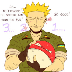 ambiguous_gender arm_hair blonde_hair bodily_fluids body_hair clothing countdown duo eyes_closed fingerless_gloves gloves gym_leader hair handwear holding_another holidays male multicolored_body red_body simple_background spiky_hair sweat sweatdrop text uniform white_background white_body shittysurge new_year nintendo pokemon lt._surge generation_1_pokemon human mammal pokemon_(species) voltorb 1:1 english_text hi_res