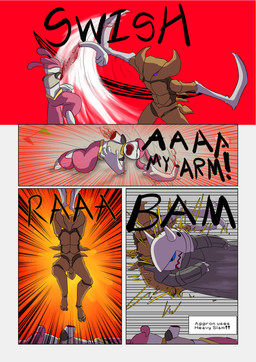 4_panel_comic action_pose ambiguous_gender anthro attack biped black_text blood blue_eyes bodily_fluids brown_body claws dialogue exclamation_point eyes_closed field gore group lips midair motion_lines on_ground open_mouth pose purple_eyes severed_arm severed_body_part severed_limb slam sound_effects text text_box trio wounded novaarts nintendo pokemon pokemon_mystery_dungeon spike_chunsoft aggron fossil_pokemon generation_1_pokemon generation_3_pokemon humanoid kabutops medicham pokemon_(species) 2025 absurd_res comic english_text hi_res