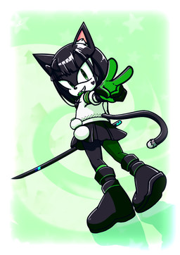 accessory black_body black_fur black_hair boots bottomwear bow_tie clothing female footwear fur gloves green_background green_eyes hair hair_accessory handwear heart_(marking) inner_ear_fluff long_socks markings melee_weapon shoes simple_background skirt solo sweater sword topwear tuft weapon xxkenthewolfxx fan_character domestic_cat felid feline felis mammal