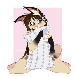 anthro cellphone ear_piercing ear_ring electronics female holding_object holding_pillow phone piercing pillow purple_eyes ring_piercing selfie smartphone solo ei-ka eirene_(ei-ka) felid feline lynx mammal 1:1 2026 hi_res