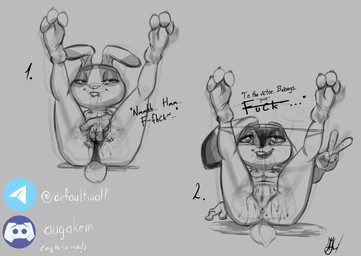 3_toes 4_fingers anthro anus areola biped bite biting_lip biting_own_lip black_clothing black_ear_tips black_panties black_underwear bodily_fluids breasts buckteeth claws clothing cotton_tail dipstick_ears ear_markings ears_down ejaculation eyebrows feet feet_in_air female finger_claws fingers front_view fur genital_fluids genitals gesture glistening glistening_eyes grey_background grey_body grey_fur hand_gesture hands-free innie_vulva iris legs_up long_ears looking_pleasured masturbation medium_breasts mouth_closed multicolored_ears navel nipples nude nude_anthro nude_female open_mouth panties paws pivoted_ears plantigrade pose pupils saliva self_bite shadow simple_background slim slim_anthro smile soles solo spread_legs spreading stretched_clothing stretching tail teeth teeth_showing text toe_claws toes underwear v_sign vaginal_fluids vulva wet wet_clothing white_body auga disney zootopia judy_hopps lagomorph leporid mammal rabbit 2025 hi_res monochrome sketch