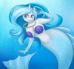 anthro big_breasts blue_eyes blue_hair bra bracelet breasts bubble_lee_(character) cleavage clothed clothing digital_media_(artwork) equid equine eyebrows eyelashes fan_character female fish_tail freckles fur hair hasbro hi_res horn jewelry long_hair looking_at_viewer mammal marine merfolk multicolored_hair my_little_pony mythological_creature mythological_equine mythology navel necklace seashell_bra shell smile solo split_form thecatnamedfish two_tone_hair underwater underwear unicorn water white_body white_fur