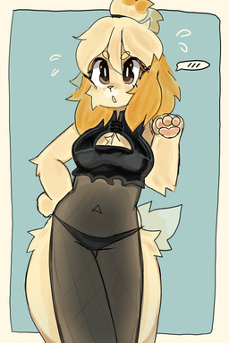 anthro big_breasts black_clothing black_dress black_panties black_underwear breasts brown_eyes chest_tuft circle_eyebrows cleavage cleavage_cutout clothed clothing cutout dress embarrassed eyebrows female floppy_ears fluffy fur hair hand_on_hip navel panties paws simple_background solo tied_hair tuft underwear wide_hips yellow_body yellow_fur uovo animal_crossing nintendo isabelle_(animal_crossing) canid canine canis domestic_dog mammal shih_tzu toy_dog absurd_res hi_res