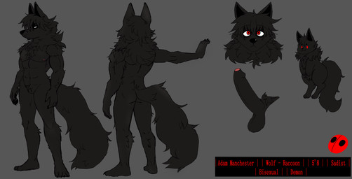 abs anthro balls big_penis black_body black_fur black_hair black_penis butt disembodied_penis erection eye_through_hair eyebrow_through_hair eyebrows featureless_crotch foreskin front_view fur genitals grey_background hair humanoid_genitalia humanoid_penis male male_anthro muscular muscular_male nipples nude nude_anthro nude_male penis pink_nipples pubes rear_view red_eyes simple_background solo tail text translucent translucent_hair butcher_pal adam_manchester canid canine canis hybrid mammal procyonid raccoon wolf 2024 absurd_res colored digital_drawing_(artwork) digital_media_(artwork) english_text full-length_portrait headshot_portrait hi_res model_sheet portrait