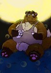 anthro belly blush brown_body brown_fur bulge clothing fur kemono male night outside overweight overweight_anthro overweight_male shirt sitting solo topwear underwear daich canid canine mammal raccoon_dog tanuki 2020