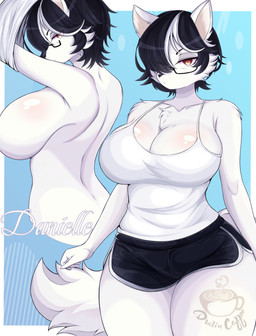 anthro big_breasts black_hair breasts clothing eyewear female fur glasses hair mature_female nude serious solo tail thick_thighs white_body white_fur dvalinarts danielle_(dvalinarts) canid canine canis mammal wolf absurd_res hi_res