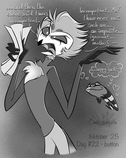 angry anthro beak bottomwear chest_tuft clothed clothing dialogue duo fangs feathers heart_symbol holding_object holding_paper horn male mouth_closed multi_eye open_mouth pants paper profanity shirt smile standing teeth text thought_bubble tongue topwear tuft atimon hellaverse helluva_boss blitzo_(helluva_boss) stolas_(helluva_boss) avian bird demon imp owl owl_demon 2025 4:5 english_text headshot_portrait hi_res monochrome portrait signature