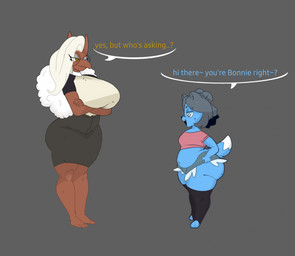 anthro big_breasts big_butt blue_body bottomwear breasts brown_body butt clothing color_coded_text crossed_arms dialogue duo eyelashes eyelashes_through_hair eyewear female female_anthro fur glasses grey_background grey_hair hair huge_breasts monotone_background navel pencil_skirt pointy_nose side_view simple_background skirt speech_bubble tail talking_to_another text thick_thighs topwear translucent translucent_hair wearing_glasses white_body white_fur white_hair plubo_the_monstersmith nintendo pokemon bonnie_(bonnie-lubie) generation_1_pokemon hypno_(pokemon) mammal pokemon_(species) english_text hi_res