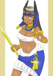 5_fingers ankh anthro black_hair blue_eyes breasts brown_body brown_fur cleavage clothed clothing egyptian female fingers fur hair holding_object jewelry midriff navel smile solo solt egyptian_mythology middle_eastern_mythology mythology zenonzard anbs-02 anubis canid canine canis deity jackal mammal 2020 hi_res