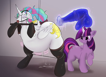 alternate_hairstyle animal_dildo animal_sex_toy ball_gag bangs bdsm belly bodily_fluids bondage bound cutie_mark dildo drooling duo equine_dildo feathered_wings feathers female female/female feral gag hair half-closed_eyes horn leaning magic makeup multicolored_hair multicolored_tail narrowed_eyes overweight overweight_female overweight_feral purple_body raised_tail saliva sex_toy smile smirk tail white_body white_feathers wings elewdfurs friendship_is_magic hasbro my_little_pony mythology princess_celestia_(mlp) twilight_sparkle_(mlp) equid equine mammal mythological_creature mythological_equine unicorn winged_unicorn absurd_res digital_media_(artwork) hi_res