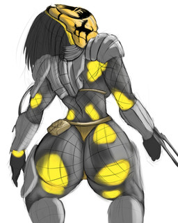 armor big_butt black_body black_skin breasts butt claw_(weapon) clothed clothing female fishnet_clothing headgear helmet markings melee_weapon not_furry rear_view side_boob simple_background skimpy solo thigh_gap weapon white_background wrist_blade wrist_weapon yellow_markings nightmare-arts predator_(franchise) alien humanoid yautja 2015 4:5 digital_media_(artwork) hi_res sketch source_request unavailable_at_source