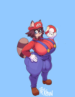 anthro big_breasts big_bulge blue_background blue_eyes breasts brown_hair bulge clothing cosplay detailed_bulge emanata fungus gynomorph hair hand_on_hip hat headgear headwear huge_breasts intersex markings mushroom ring_(marking) ringed_tail simple_background solo standing striped_markings striped_tail stripes tail tail_markings thick_thighs wide_hips arkanman mario_bros nintendo bridget_(arkanman) mario canid canine mammal raccoon_dog tanuki absurd_res hi_res