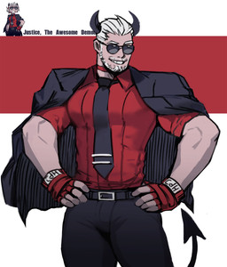 beard belt clothed clothing crossgender dual_persona eyewear facial_hair female fingerless_gloves ftm_crossgender gloves hair handwear horn male muscular muscular_humanoid muscular_male necktie not_furry simple_background smile solo spade_tail suit sunglasses tail text text_on_clothing text_on_gloves text_on_handwear topwear white_hair dopq helltaker justice_(helltaker) demon humanoid english_text hi_res