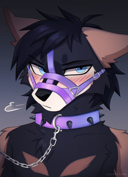 anthro arm_tuft black_body black_eyebrows black_hair black_nose blue_eyes blush blush_lines breath brown_body brown_ears chain chain_leash cheek_tuft chest_tuft collar collar_only ears_back ears_down embarrassed eyebrows facial_tuft front_view fur glistening glistening_eyes gradient_background grey_background hair halter leash leashed_collar leather looking_at_viewer male male_anthro markings metal metal_collar monotone_hair mouth_closed multicolored_body multicolored_fur muzzle_(object) muzzled neck_tuft nude panting pink_collar pivoted_ears purple_collar short_hair shoulder_tuft simple_background snout solo spiked_collar spikes text tuft two_tone_body two_tone_fur if-fi pagres canid canine canis domestic_dog east_european_shepherd mammal pastoral_dog 2026 absurd_res artist_name bust_portrait digital_media_(artwork) hi_res icon portrait