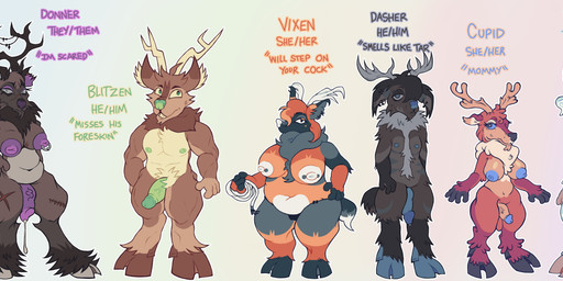 ambiguous_gender anthro antlers areola barbell_piercing big_breasts big_penis blush blush_stickers breasts chest_tuft cloven_hooves crotch_tuft ear_piercing ears_down eyelashes female freckled_breasts freckled_face freckled_legs freckled_thighs freckles genitals green_nipples green_nose green_penis group herm hooves horn huge_breasts intersex large_group larger_female lineup long_eyelashes male multicolored_body muscular muscular_anthro muscular_male nipple_dip nipple_piercing nipples orange_body pecs penis piercing pink_body pink_breasts pivoted_ears pronouns purple_areola purple_nipples purple_penis quads scar size_difference slim smaller_female smaller_male spot_freckles spots spotted_breasts spotted_legs spotted_thighs text thick_thighs tuft vulva yellow_body theredlace blitzen comet_(reindeer) cupid dancer_(reindeer) dasher prancer rudolph_the_red-nosed_reindeer vixen_(reindeer) deer mammal new_world_deer reindeer absurd_res english_text hi_res