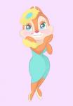 anthro blue_eyes blush cheek_tuft clothed clothing dress eyelashes facial_tuft female flower footwear fur green_clothing green_dress headgear pink_blush plant red_nose simple_background smile solo tan_body tan_fur tuft nonta chip_'n_dale disney clarice_(disney) chipmunk ground_squirrel mammal rodent sciurid