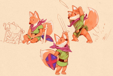 anthro black_nose chicken_meat clothed clothing cooking dot_eyes food fur green_clothing green_topwear holding_melee_weapon holding_object holding_shield holding_sword holding_weapon male male_anthro meat melee_weapon orange_body orange_fur shield simple_background simple_eyes sitting solo standing sword topwear weapon white_body white_fur darkgem tunic_(video_game) ruin_seeker canid canine fox mammal