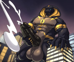5_fingers abs ankh_marking anthro areola balls biped black_body black_glans black_penis blue_eyes bodily_fluids brown_areola brown_balls brown_body brown_countershading brown_nipples brown_scales building city claws countershading cum cumshot ejaculation erection fingers front_view genital_fluids genitals glans glistening glistening_balls glistening_genitalia glistening_glans glistening_penis gradient_background half-closed_eyes hand_on_building hand_on_own_penis hand_on_penis humanoid_genitalia humanoid_penis looking_at_genitalia looking_at_own_penis looking_at_penis looking_at_self looking_pleasured low-angle_view macro macro_anthro macro_male male markings masturbation muscular muscular_anthro muscular_male narrowed_eyes navel night nipples no_sclera non-mammal_balls non-mammal_nipples one_eye_closed outside pecs penile penile_masturbation penis pupils scales simple_background sky skyscraper slit_pupils solo teeth text three-quarter_view uneven_balls vein veiny_penis ventral_scales yellow_claws yellow_fangs yellow_markings yellow_teeth blazekemono zel_(sibunakebos) cobra elapid_(snake) king_cobra reptile scalie snake 2024 artist_name hi_res