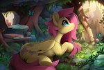 blue_eyes book cutie_mark detailed_background female feral forest fur grass group hair hooves inside pink_hair pink_tail plant raining rock roots solo_focus tail tree under_tree wings yellow_body yellow_fur yellow_wings yakovlev-vad friendship_is_magic hasbro my_little_pony mythology fluttershy_(mlp) arthropod butterfly equid equine insect lepidopteran mammal mythological_creature mythological_equine pegasus hi_res