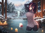 anthro candle detailed_background eyebrows eyes_closed female fur hair long_hair mountain multicolored_hair outside plant solo tail towel tree yasmil felid mammal 2025 digital_media_(artwork)