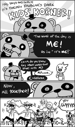 anthro clothing creepy dancing dialogue guard happy hat headgear headwear humor machine male puppet security security_guard smile stare sun text top_hat unknown_artist five_nights_at_freddy's scottgames chica_(fnaf) classic_chica_(fnaf) freddy_(fnaf) golden_freddy_(fnaf) mike_schmidt animatronic avian bear bird chicken galliform human mammal phasianid robot comic english_text monochrome