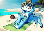 anthro beach beach_towel black_eyebrows blue_body blue_bottomwear blue_clothing blue_sky bottomwear brown_hair clothed clothing coconut content_smile countershading curled_hair day detailed_background dipstick_tail dorsal_fin drupe_(fruit) eyebrows feet fin food fruit green_eyes hair hands_behind_head happy hat headgear headwear jewelry leaning leaning_against_object leaning_against_tree leaning_backward long_tail male markings messy_hair necklace one_eye_closed outside palm_tree plant pockets relaxed_expression relaxing sand seashell seaside shark_tail shell shorts shrub sky smile solo tail tail_fin tail_markings toes topless topless_male towel tree tropical water white_body white_countershading raokurai tundra_(tundra_shark) fish marine shark 2023 hi_res