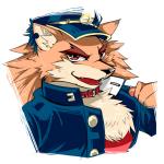 anthro chest_tuft clothed clothing collar fur hat headgear headwear looking_at_viewer male open_mouth red_eyes simple_background solo tuft white_background shimomaro concon-collector han_fox_bankara canid canine fox mammal 1:1