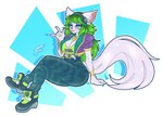 abstract_background alternative_fashion anthro big_breasts bling blue_eyes blush bottomwear breasts clothing crossed_legs female fur green_bottomwear green_clothing green_hair green_pants hair long_hair pants solo streetwear white_body white_fur yoga_pants sketchytodd hi-rez_studios paladins_(game) salt_(paladins) canid canine fox mammal 2023 digital_media_(artwork) hi_res