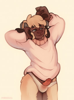 2_horns anthro aroused aroused_face bedroom_eyes bovid_horn briefs brown_body brown_countershading brown_ears brown_eyebrows brown_fur brown_pawpads caprine_horn closed_smile clothed clothed_male clothing cocked_hip countershading curled_horn erection eyebrows facial_hair floppy_ears fur genitals grey_horn hair hand_in_hair hand_on_head handpaw head_horn horn humanoid_genitalia humanoid_penis looking_aside lop_ears male monotone_background monotone_briefs monotone_clothing monotone_hair monotone_sweater monotone_topwear monotone_underwear mouth_closed multicolored_body multicolored_fur narrowed_eyes pantsless pawpads paws penis penis_poking_out pink_clothing pink_sweater pink_topwear pose pupils raised_arms raised_eyebrows ram_horn red_penis seductive short_hair sideburns simple_background smile snout solo standing sweater tan_body tan_fur tan_hair tan_wool three-quarter_view toony topwear touching_hair two_tone_body two_tone_fur underwear white_background white_briefs white_clothing white_underwear wool_(fur) wool_hair marriouss marriouss_(character) bovid caprine domestic_sheep mammal sheep valais_blacknose 2026 absurd_res clip_studio_paint_(artwork) digital_drawing_(artwork) digital_media_(artwork) hi_res portrait signature three-quarter_portrait