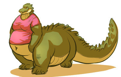 ambiguous_gender belly big_belly big_tail bottomless clothed clothing feet moobs navel overweight overweight_ambiguous scales simple_background solo tail joebluefox alligator alligatorid crocodilian reptile scalie taur
