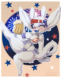 alcohol american_flag_bikini anthro beer beverage big_breasts bikini biped blush breasts clothed clothing female flag_bikini flag_swimwear fur holidays looking_at_viewer navel one_eye_closed pupils raised_leg smile swimwear two-piece_swimsuit white_body wide_hips wink azura_inalis 4th_of_july microsoft ori_(series) xbox_game_studios guardian_spirit hi_res