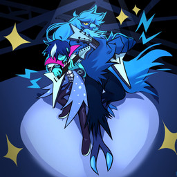 ambiguous_gender anthro beak blue_body blue_feathers blue_fur blue_hair blue_skin bottomwear clothed clothing duo electric_guitar feathered_wings feathers feet female fingers fur group guitar hair holding_guitar holding_musical_instrument holding_object lightning_bolt long_hair looking_at_viewer musical_instrument neck_tuft playing_guitar playing_music plucked_string_instrument shirt simple_background smile string_instrument talons toes topwear tuft wings yellow_eyes emb3rart deltarune undertale_(series) undertale_yellow kris_dreemurr martlet_(undertale_yellow) martlet_(zenith_form) avian bird human humanoid mammal 1:1 2025 digital_media_(artwork) hi_res