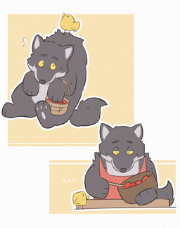 apron apron_only black_nose brown_body brown_fur clothing cooking fur grey_body grey_fur multicolored_body multicolored_fur two_tone_body two_tone_fur yellow_eyes malcom508 intermarche_unloved the_first_wolf_(unloved) avian bird canid canine canis mammal wolf 2025 absurd_res colored hi_res