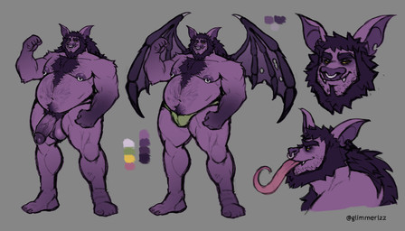 anthro balls bat_ears beard big_muscles body_hair bottomwear chest_hair clothed clothing dark_hair facial_hair facial_piercing fangs fur genitals glans grin hair hairy happy_trail long_hair long_tongue male male_anthro manly mature_male membrane_(anatomy) membranous_wings musclegut muscular muscular_male nipple_piercing nipple_ring nipples nose_piercing nose_ring nude_anthro nude_male overweight pecs penis piercing purple_body purple_fur ring_piercing septum_piercing septum_ring sharp_teeth simple_background smile solo spread_wings teeth tongue tongue_out topless topless_anthro topless_male underwear underwear_only wings yellow_sclera glimmerizz glimmer_(glimmerizz) bat mammal microbat yangochiropteran 2025 absurd_res hi_res model_sheet