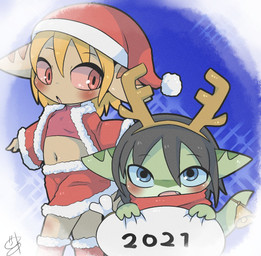 anthro bell black_hair blonde_hair blush bottomwear breasts brown_body christmas_clothing christmas_headwear clothed clothing costume countershading crop_top duo female green_body hair hat headgear headwear holidays jingle_bell looking_at_viewer looking_down male navel reindeer_antlers sack santa_coat santa_costume santa_hat scarf shirt simple_background skirt small_breasts text topwear young young_anthro young_female young_male doneru christmas clive_(doneru) tany_(doneru) bamfear 2021 dated english_text hi_res signature