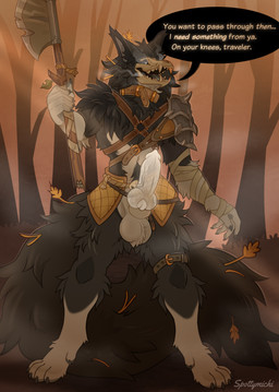 animal_genitalia animal_penis anthro armor axe balls bodily_fluids bone canine_genitalia canine_penis claws clothed clothing collar fluffy fluffy_tail forest forest_background genital_fluids genitals holding_object holidays knot knotted_penis long_tail looking_at_viewer male melee_weapon nature nature_background open_mouth outside partially_clothed penis plant simple_background skull skull_head smile solo standing steamy_breath tail text tongue translucent translucent_penis tree weapon spottymichi halloween mythology canid canine ghost mammal spirit werecanid werecanine werecreature english_text hi_res