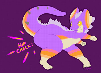 >:s action_pose angry bent_arm bent_leg bent_over big_butt butt countershading crouching grey_hair hair head_turned looking_back looking_offscreen male mouth_closed multicolored_body pear-shaped_figure pose purple_background purple_body raised_tail simple_background slightly_chubby solo spikes standing straight_leg tail tan_body tan_countershading text thick_thighs wide_hipped_male wide_hips wide_stance yellow_sclera frumples capcom monster_hunter bird_wyvern great_jaggi monster scalie 2016 digital_drawing_(artwork) digital_media_(artwork) english_text hi_res