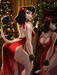 anthro big_breasts blood blood_on_hand bodily_fluids breasts butt christmas_tree clothing dress female holidays knife mirror plant reflection solo tree weapon yurai christmas princess_(nicoya) canid canine canis domestic_dog mammal poodle hi_res