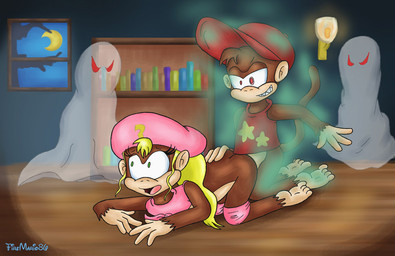 all_fours anthro anthro_on_anthro blonde_hair female group hair male male/female sex tail young young_anthro hypnofire86 donkey_kong_(series) nintendo diddy_kong dixie_kong ghost haplorhine mammal monkey primate spirit undead