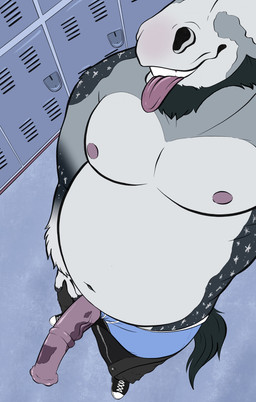 animal_genitalia animal_penis anthro beard black_hair bottomwear clothed clothing equine_genitalia equine_penis erection facial_hair fur genitals grey_body grey_fur hair holding_penis locker_room male male_anthro medial_ring mottled mottled_genitalia mottled_penis nipples open_bottomwear open_clothing open_pants overweight overweight_anthro overweight_male pants penis pink_penis selfie smile solo standing teeth tongue tongue_out topless topless_anthro topless_male underwear labradorszn clydesdale draft_horse equid equine horse mammal 2025 absurd_res hi_res nonbinary_(lore)