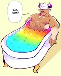 anthro bathtub body_hair brown_body brown_fur chest_hair claw_foot_bathtub fur hair horn humor male muscular muscular_anthro muscular_male nipples one_eye_closed pecs solo white_hair wink lisuchi lifewonders tokyo_afterschool_summoners shennong_(tas) bovid bovine cattle mammal hi_res