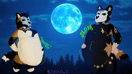 anthro bone bone_mask duo light male male/male mask moonlight rumbling_stomach skull skull_mask vore jynxowo spectrum_of_hybrids kiba_julai zobbe_zidane african_wild_dog canid canine mammal 16:9 hi_res widescreen