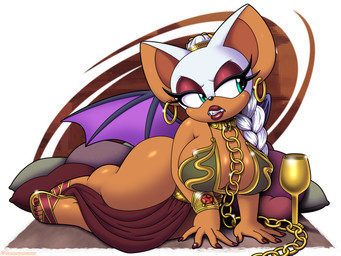 anthro big_breasts biped breasts chain clothed clothing colored_nails costume ear_piercing ear_ring eyelashes feet female female_anthro glistening glistening_body melting nails piercing pupils ring_piercing shortstack slave_leia_costume solo thick_thighs toes omegasunburst sega sonic_the_hedgehog_(series) star_wars rouge_the_bat bat mammal 4:3 absurd_res hi_res